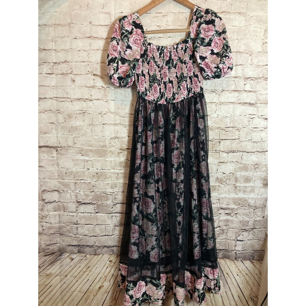 Dark Romantic Peasant Dress Womens Medium Rose Floral Smocked Puff Sleeve Grunge